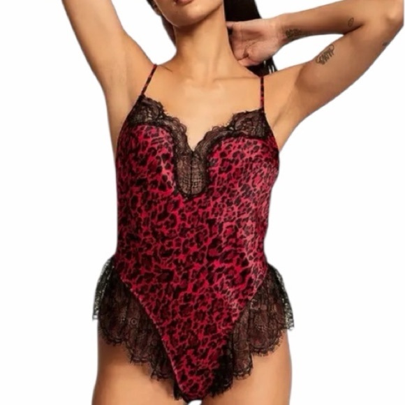 Victoria's Secret Other - NWT Victoria's Secret Red and Black Leopard Lace Chemise Romper Teddy Size L